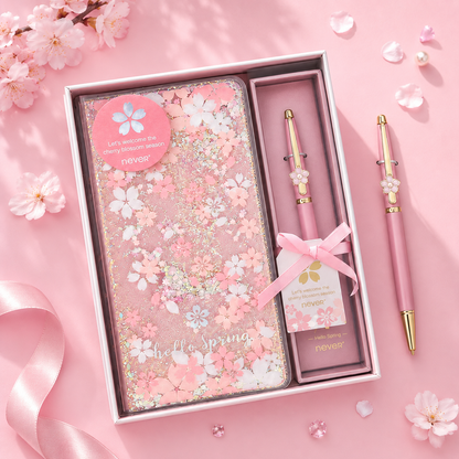 Sakura Spring Liquid Glitter Journal & Gel Pen Gift Set by never - detail view for stationery gift set | Lumiyear