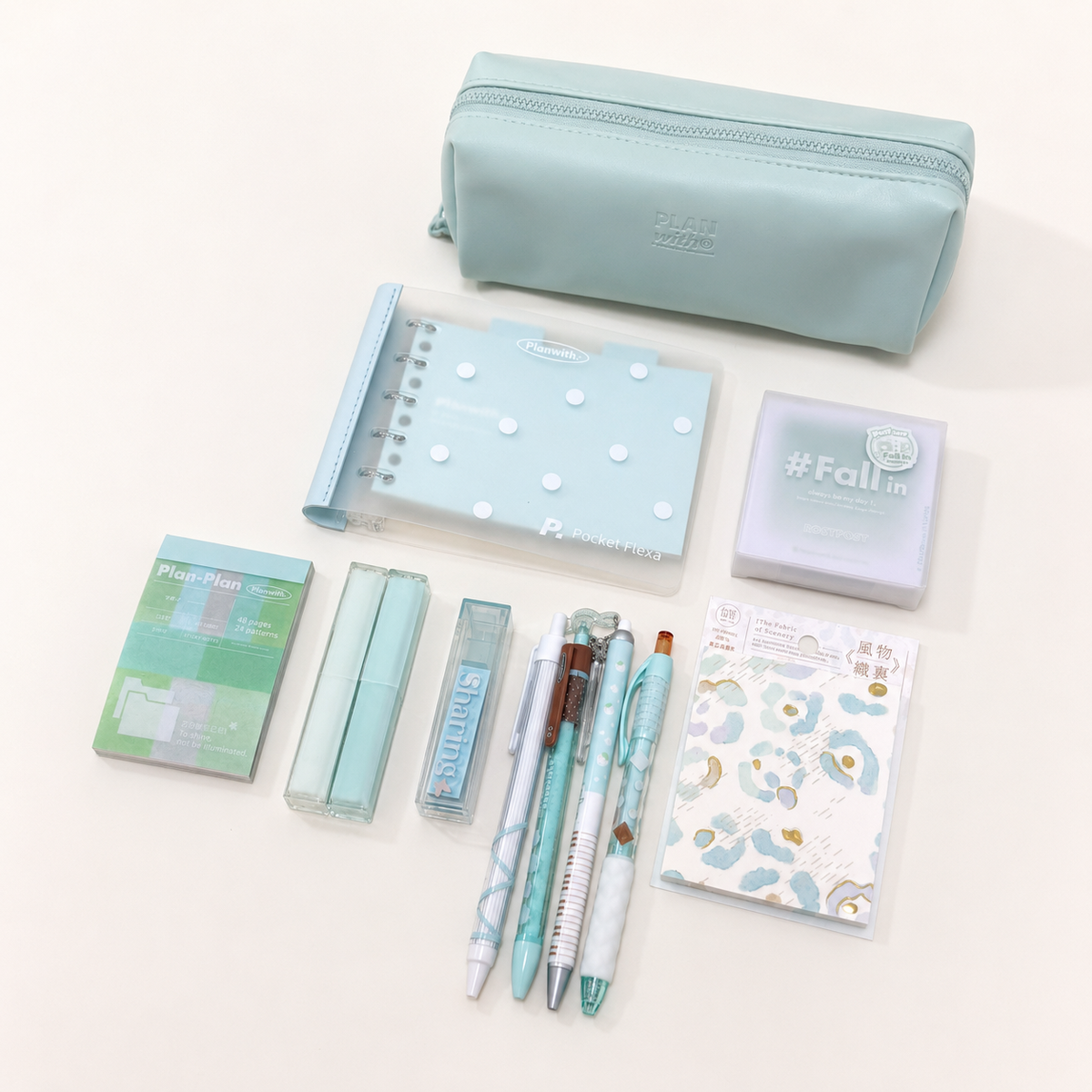 Aesthetic Mint Green Stationery Gift Set by Planwith - detail view for stationery gift set | Lumiyear