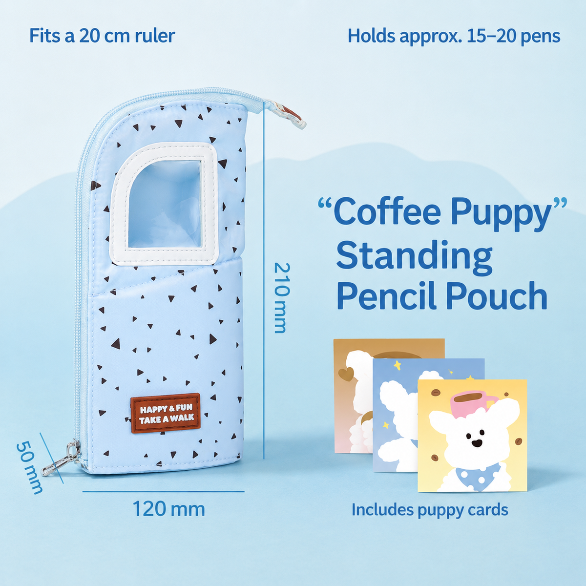 Coffee Puppy Standing Pencil Pouch 2-in-1 Fold-Down Pen Cup by never - packaging view for journaling writing tool | Lumiyear