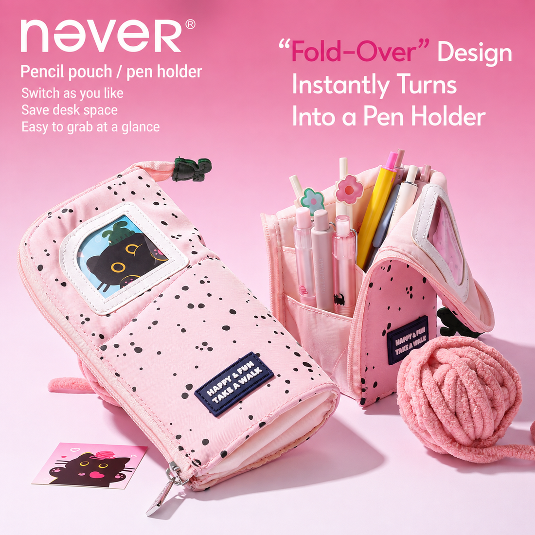 Yarn Kitten Standing Pencil Pouch 2-in-1 Fold-Down Pen Cup by never - inside detail for journaling writing tool | Lumiyear