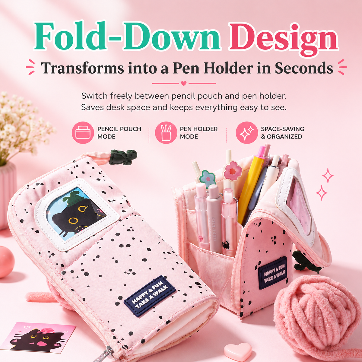 Yarn Kitten Standing Pencil Pouch 2-in-1 Fold-Down Pen by never - color option view for journaling writing tool | Lumiyear