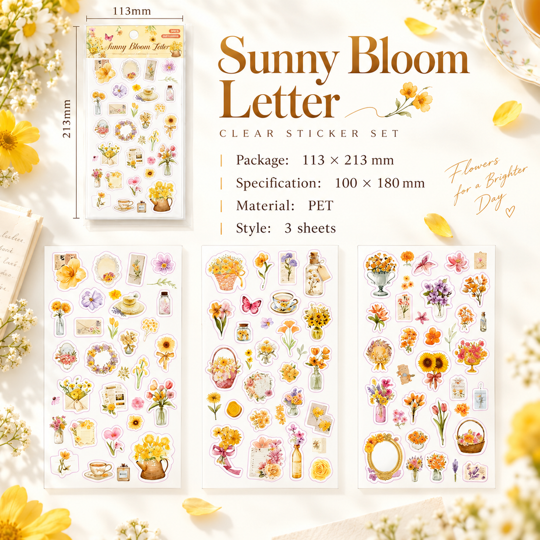 Wandering Blossom PET Floral Sticker Pack (3 Sheets)