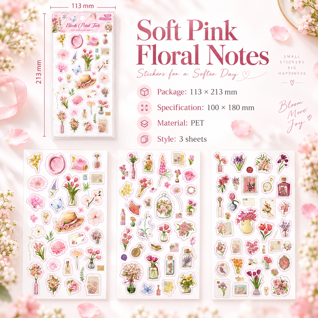 Wandering Blossom PET Floral Sticker Pack (3 Sheets)