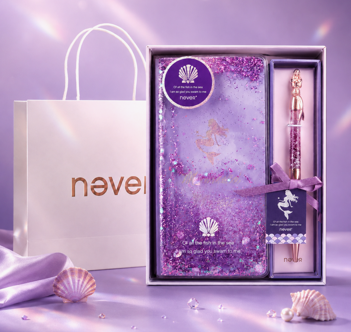 Mermaid Magic Liquid Glitter Journal & Gel Pen Gift Set by never - main product view for stationery gift set | Lumiyear