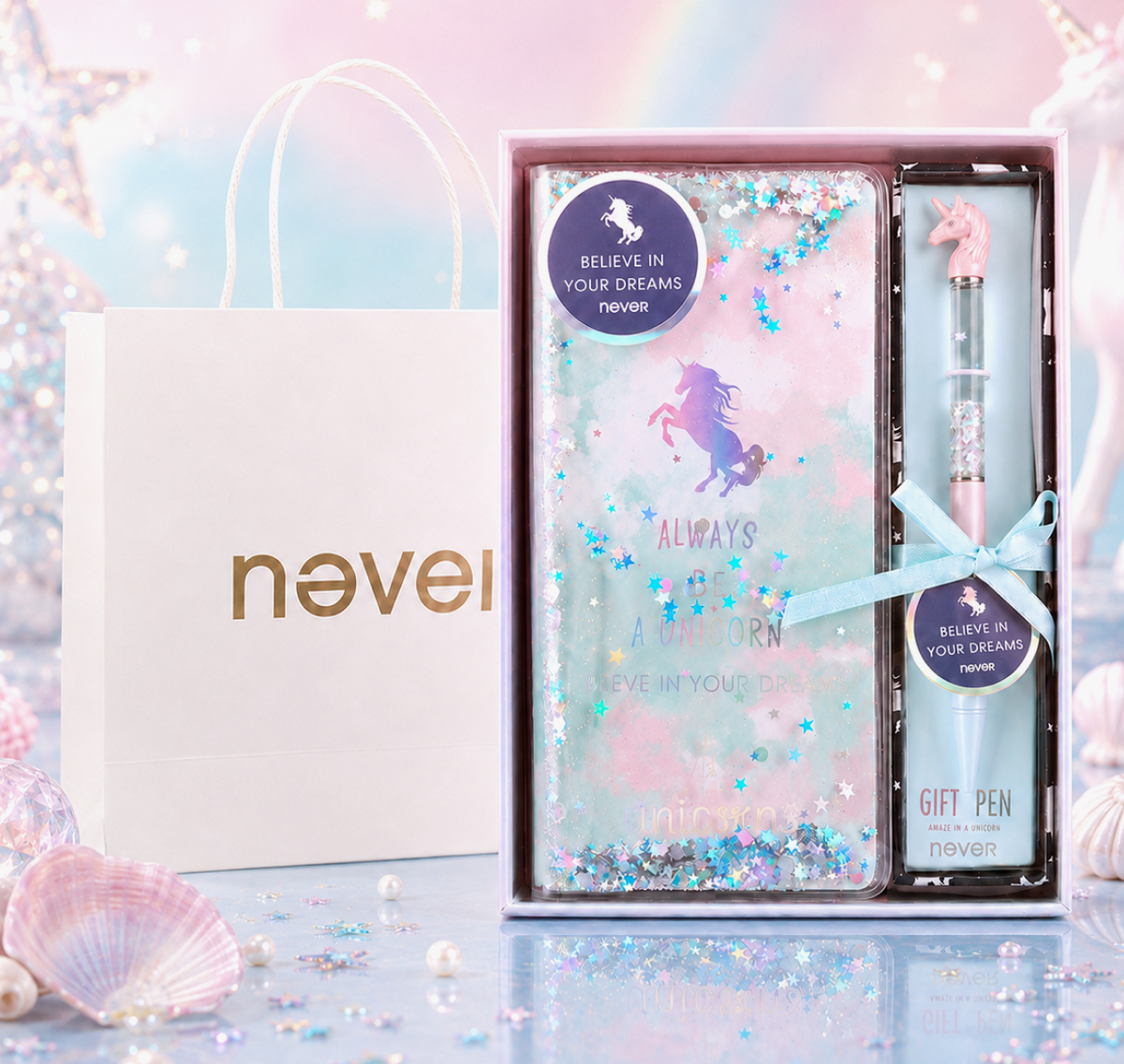 Unicorn Dream Liquid Glitter Journal & Gel Pen Gift Set by never - main product view for stationery gift set | Lumiyear