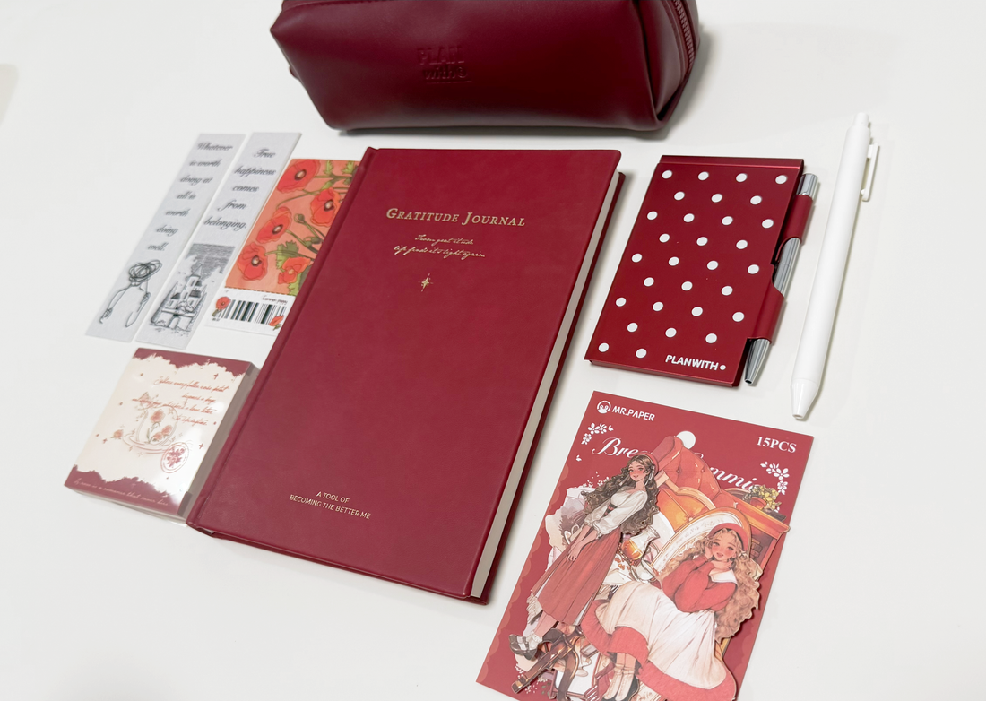 Aesthetic Bordeaux Red Gratitude Journal Gift Set by lumiyear - color option view for stationery gift set | Lumiyear