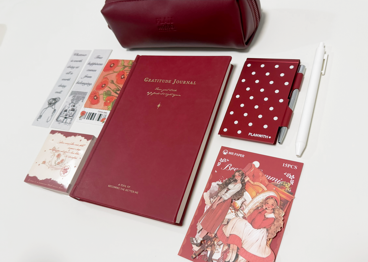 Aesthetic Bordeaux Red Gratitude Journal Gift Set by lumiyear - color option view for stationery gift set | Lumiyear